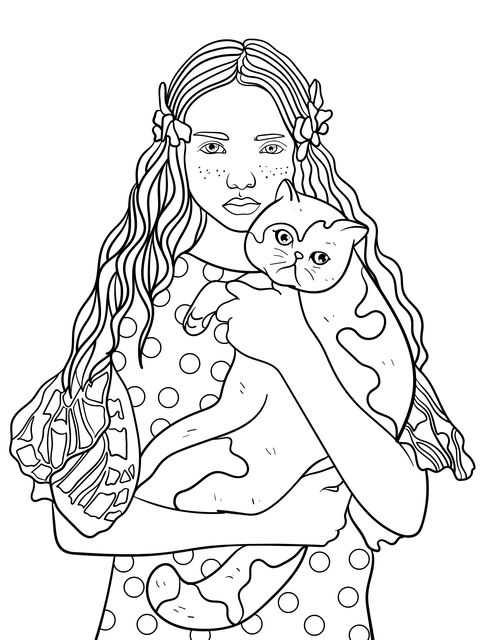 Girl and Cat Coloring Page