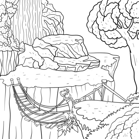 Forest Waterfall Suspension Bridge Coloring Page