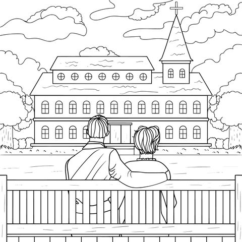 Romantic Couple's Back View in Front of Church Coloring Page