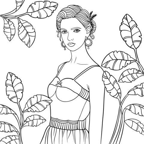 Fashionable Woman Surrounded by Green Leaves