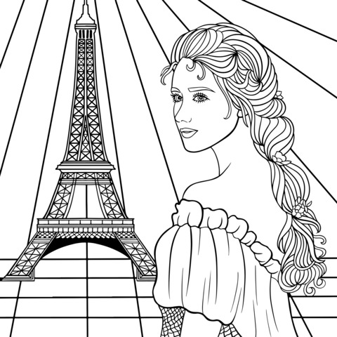 Página de Colorear de una Mujer Rubia al Lado de la Torre Eiffel