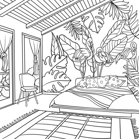 Página de colorear de un dormitorio de estilo tropical