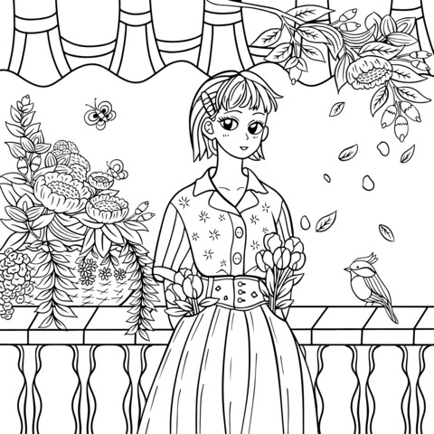 Beautiful Girl with Balcony Flowers Coloring Page