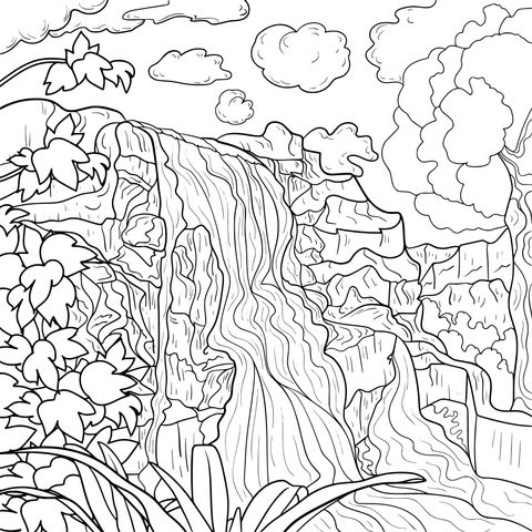 Beautiful Waterfall Landscape Coloring Page