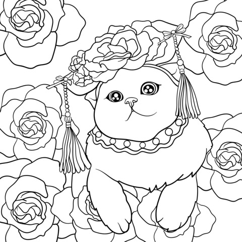 Página para colorear de un gato lindo y flores