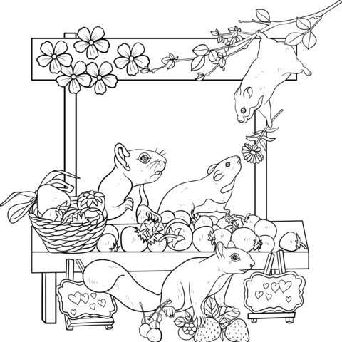 Cute Hamsters and Fruits Coloring Page