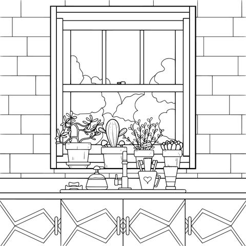 Window - side Green Plants Coloring Page