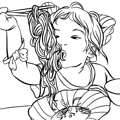 Coloring Page of a Little Girl Enjoying Noodles