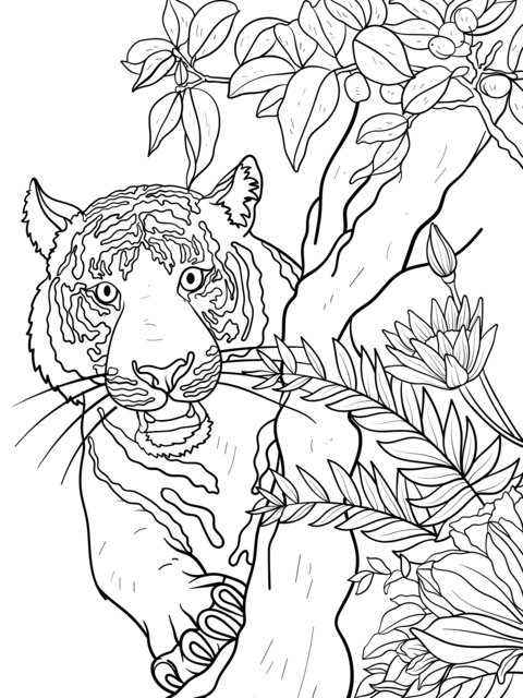 Tiger and Floral Plants Coloring Page