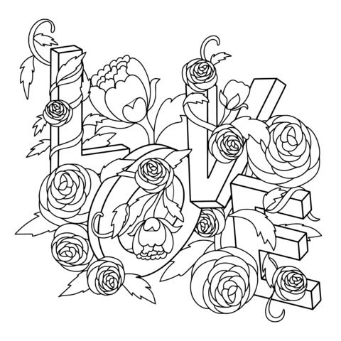 Coloring Page of 'LOVE' Surrounded by Flowers