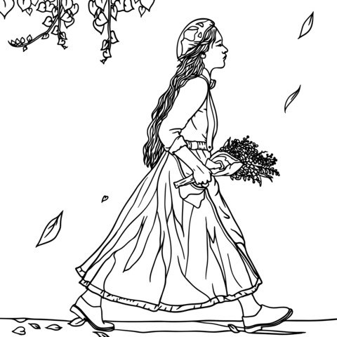 Coloring Page of a Woman Strolling with a Bouquet