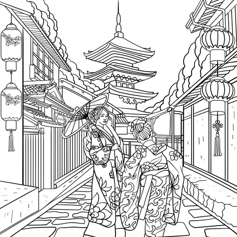 Women in kimonos strolling through an ancient street
