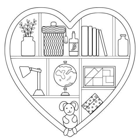 Heart - shaped Bookshelf Coloring Page: Adorable Items Awaits Your Coloring