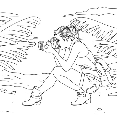 Coloring Page of a Girl Photographing on the Beach