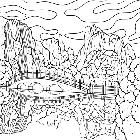 Scenic Landscape Coloring Page: Bridge, Waterfall and Green Mountains