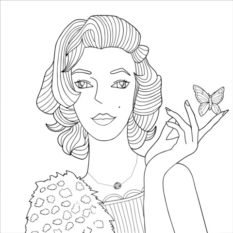 Vintage Lady and Butterfly Coloring Page