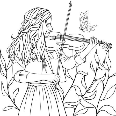 Coloring Page of a Girl Playing the Violin