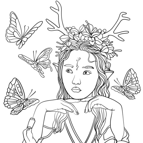 Elf - themed Coloring Page: A Beautiful Elf with Antler Headpiece and Butterflies