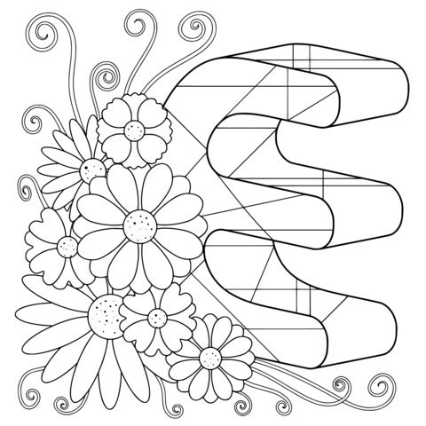 Flower - Decorated Letter E Coloring Page