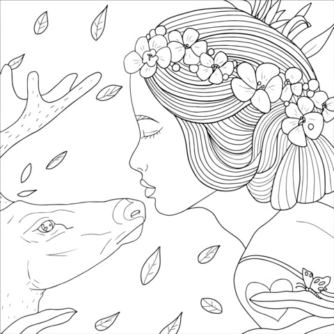 Dreamy Coloring Page of a Girl and a Deer