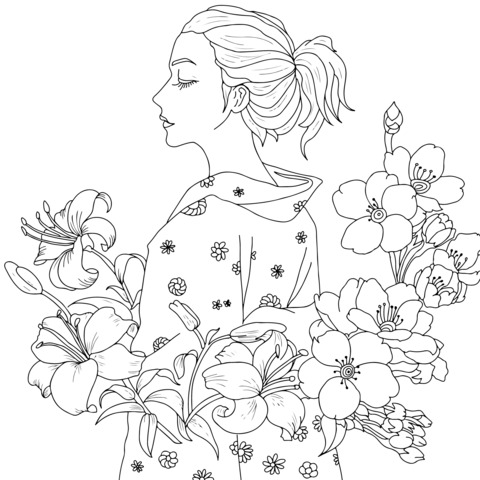 Coloring Page of a Red - Haired Girl Holding Flowers