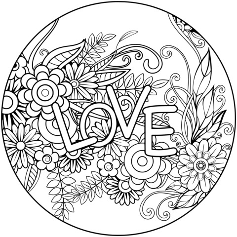 Página para colorear con tema floral y 'AMOR'