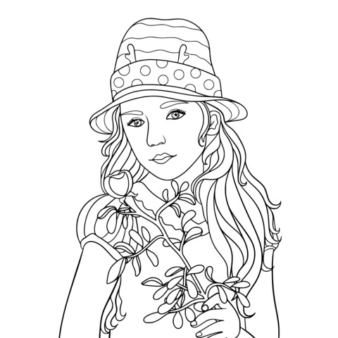 Coloring Page of a Girl Holding a Rose