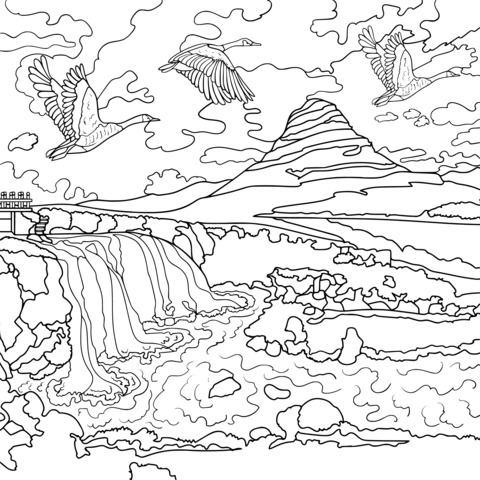 Coloring Page of Flying Birds and Waterfall Scenery