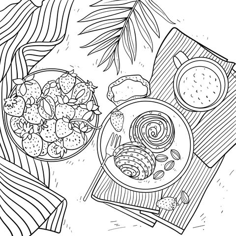 Food Illustration Coloring Page: Strawberries, Desserts and Coffee