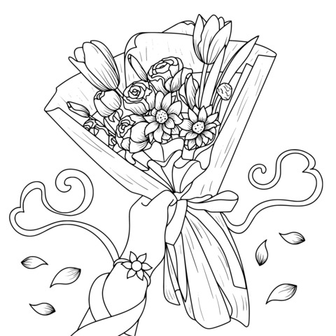 Coloring Page of a Hand - Held Bouquet of Colorful Flowers