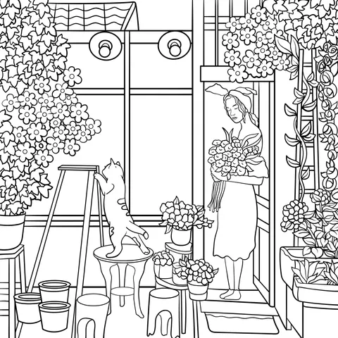 A Lady and a Cat in a Flower - filled Space