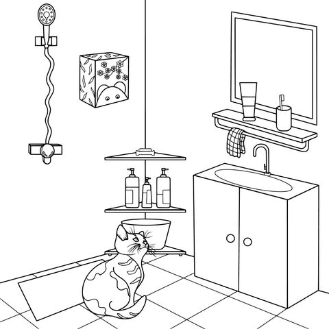 Página para colorear de un gato en una escena de baño