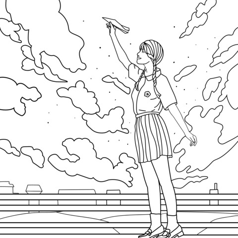 Coloring Page of a Girl Releasing a Paper Airplane