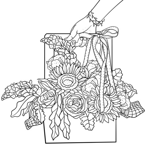 Coloring Page of a Hand - Held Gift Bag with Flower Bouquet