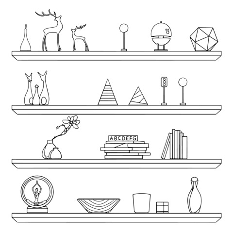 Coloring Page of Items on a Decorative Shelf