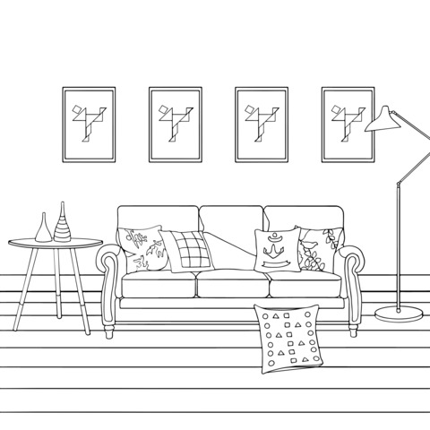 Ilustração do salão colorido: uma combinação aconchegante de sofá e quadros decorativos