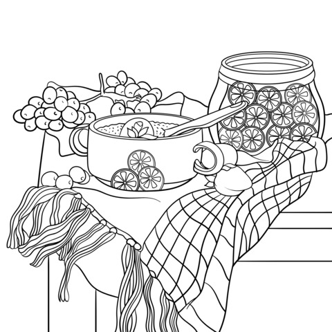 Kitchen Still - Life Coloring Page: Cookware and Fruits & Vegetables