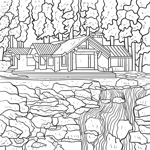 Coloring Page of a Wooden House by the Stream