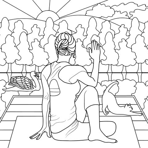 Coloring Page of a Woman Enjoying Outdoor Yoga