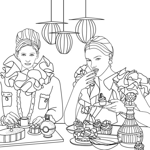 Fashionable Ladies Afternoon Tea Coloring Page