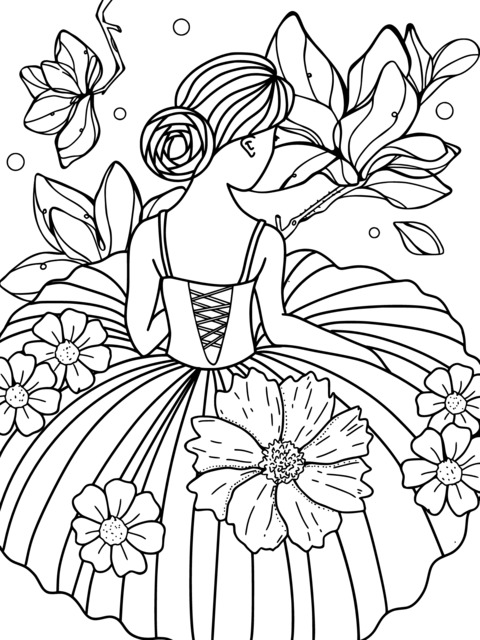 Beautiful Girl and Flower Coloring Page