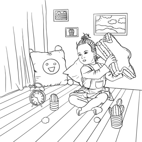 Coloring Page of a Little Girl Playing in the Room