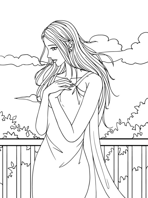 Coloring Page of a Red - haired Woman in an Outdoor Scene