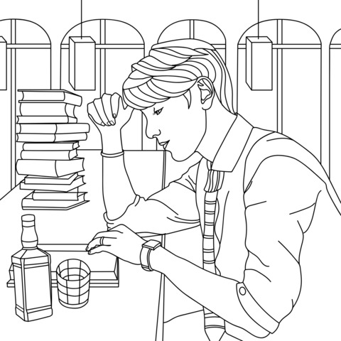 Coloring Page of a Weary Man at His Desk