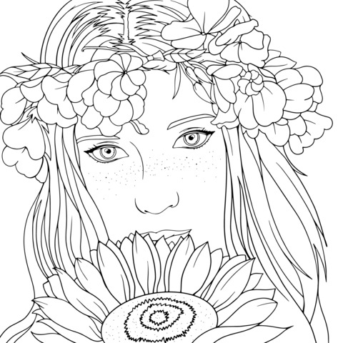 Página de colorear de una chica con una corona de flores y una girasol