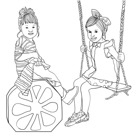 Coloring Page of Two Girls Playing