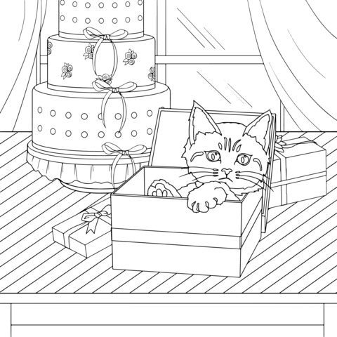 Página para colorear de un gatito en una caja de regalo y un pastel de cumpleaños