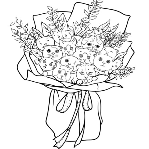 Adorable Cat Bouquet Coloring Page