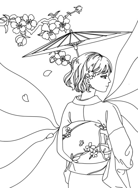 Beautiful Girl in Kimono Holding an Umbrella Coloring Page