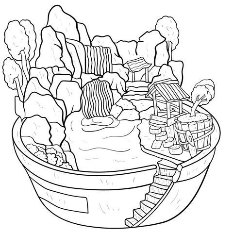 Mountain - water Landscape Coloring Page in a Potted Plant